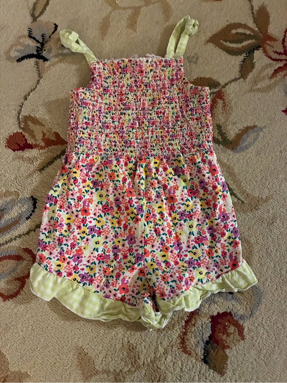 wonder nation Floral Smocked Romper in Pink, Yellow, Green